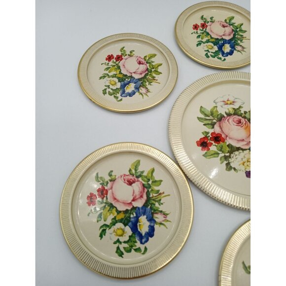 Tin Coasters Vintage Made In Denmark Round Floral Set Of 7 With Gold Trim - Picture 4 of 16